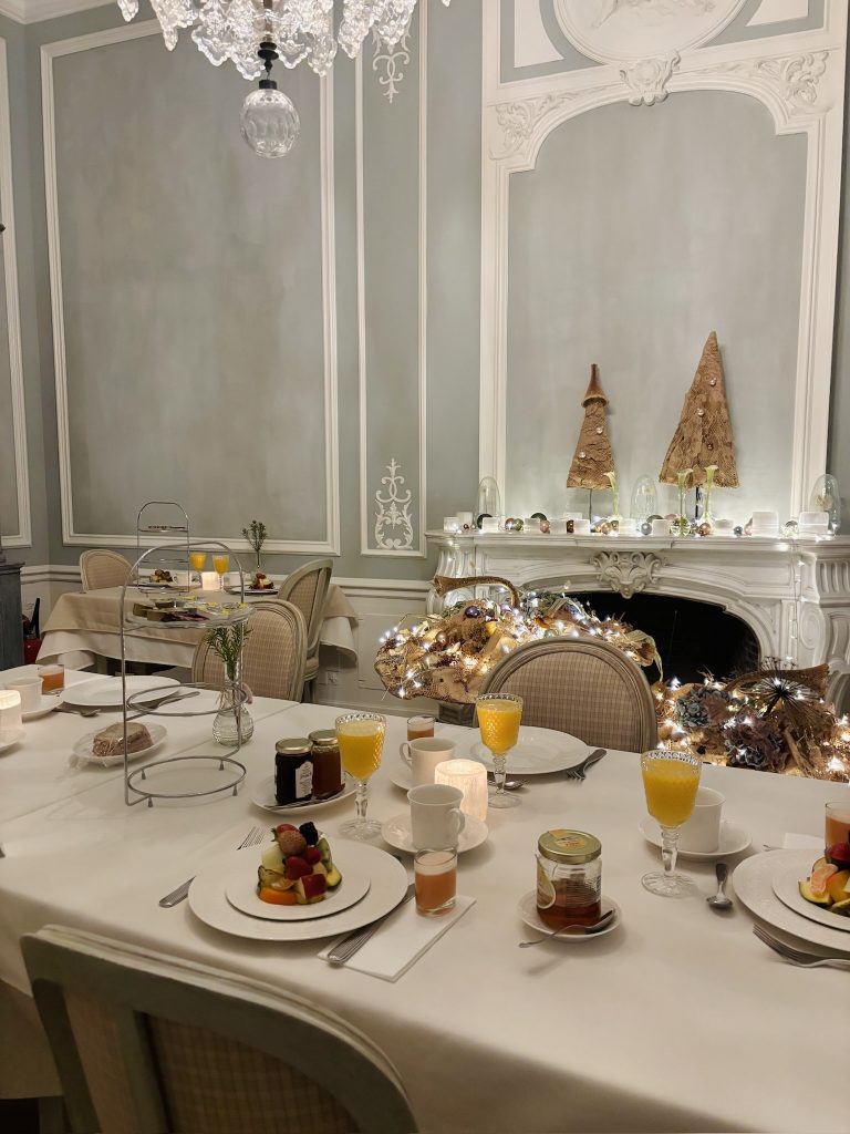 A breakfast spread of pastries and juice at an old bed and breakfast