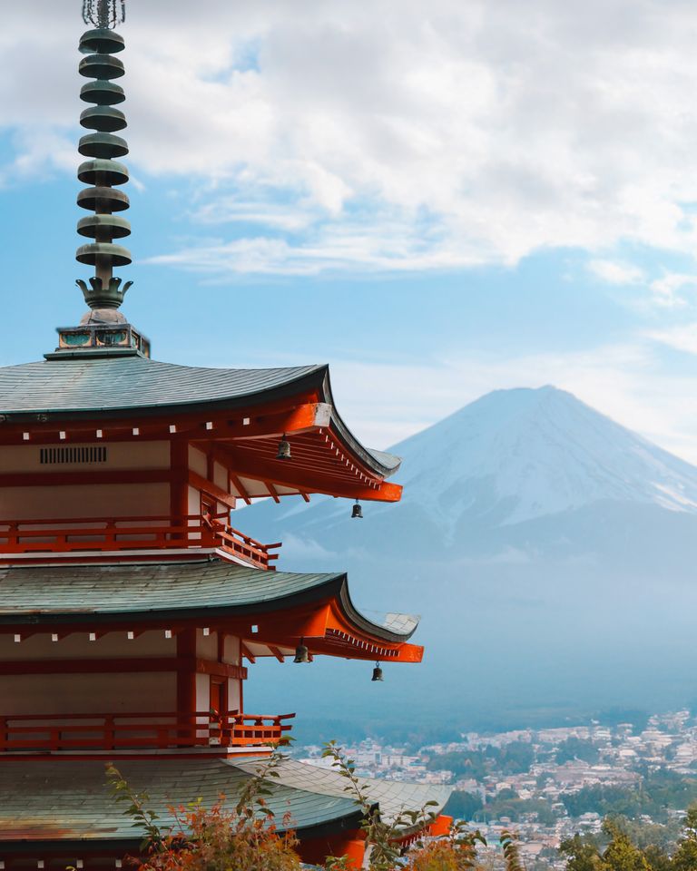 Chureito Pagoda amidst scenic view of Mount Fuji in Fujiyoshida, Japan.
